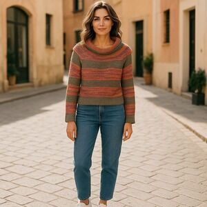 Twiggy Sweater Large Chunky Knit Cowl Neck Striped Wool Blend Pullover‎ Y2K